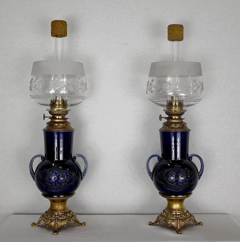 Paire De Lampe à Pétrole En Faïence – Début XXe