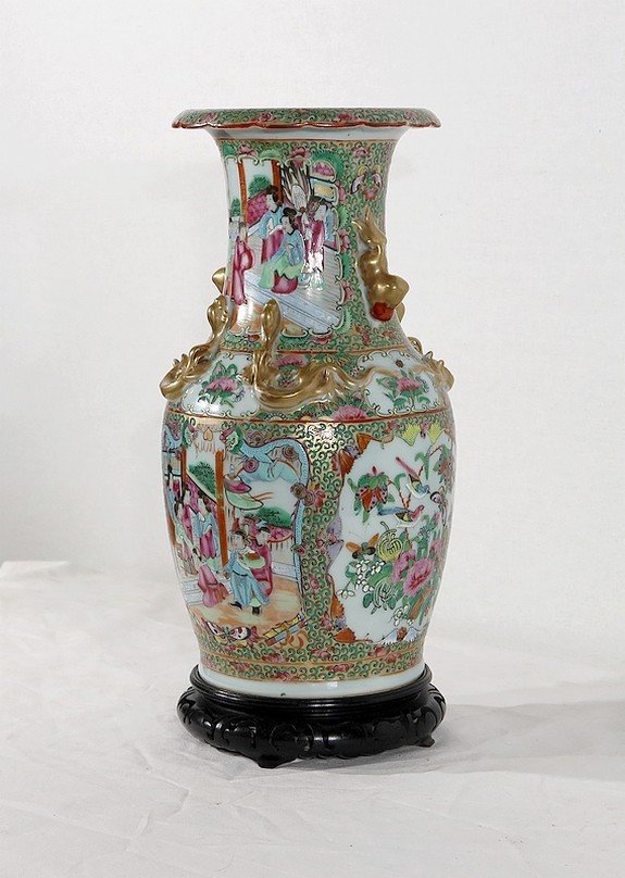 Vase En Porcelaine De Canton Sur Socle En Bois, Chine – XIXe-photo-2