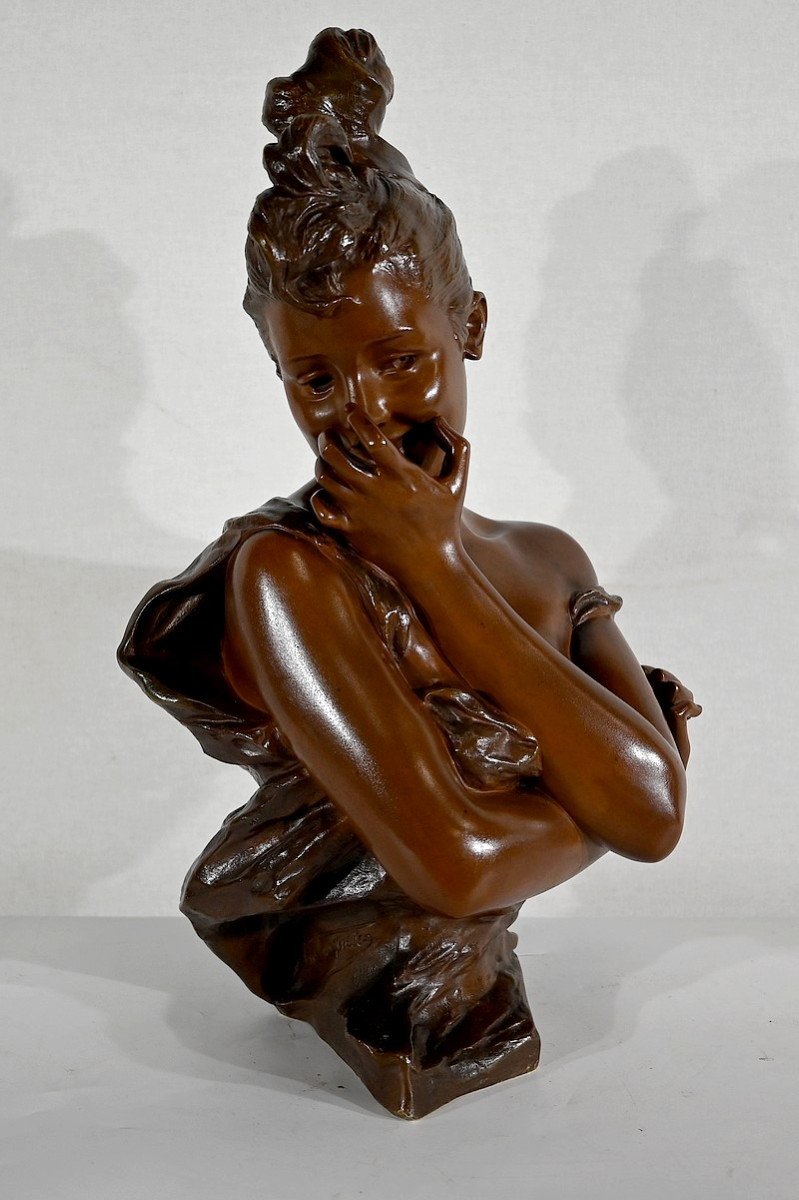 Bronze « jeune Femme Espiègle »  De G. Van Der Straeten, Art Nouveau – Fin XIXe-photo-2