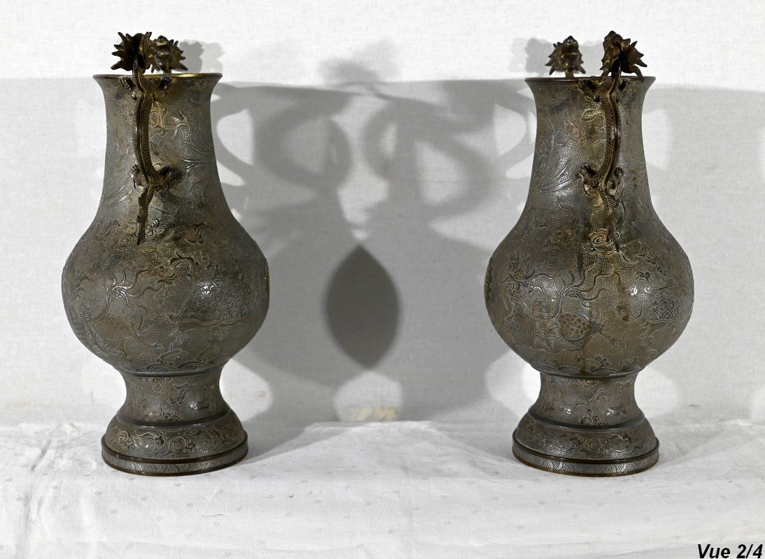Pair Of Pewter Baluster Vases, Indochina - Late 19th Century-photo-8