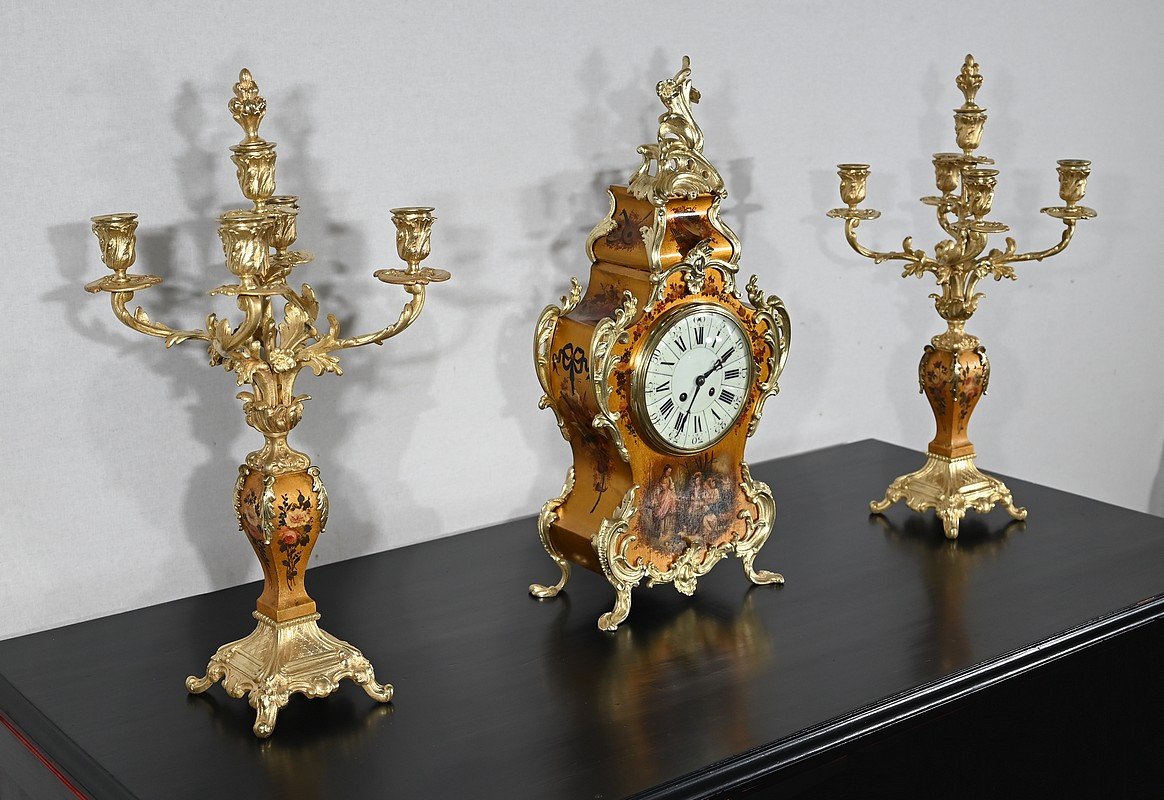 Importante  Garniture De Cheminée En Bronze Doré Et Vernis Martin, Style Louis XV – Milieu XIXe-photo-2