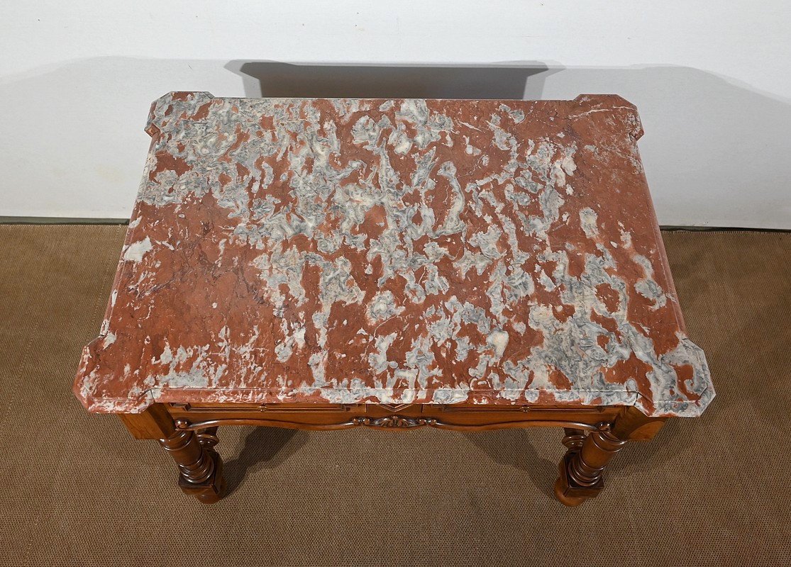 Table à Gibier En Noyer Massif Et Marbre Incarnat Turquin, Goût Louis XIII- Début XXe-photo-1