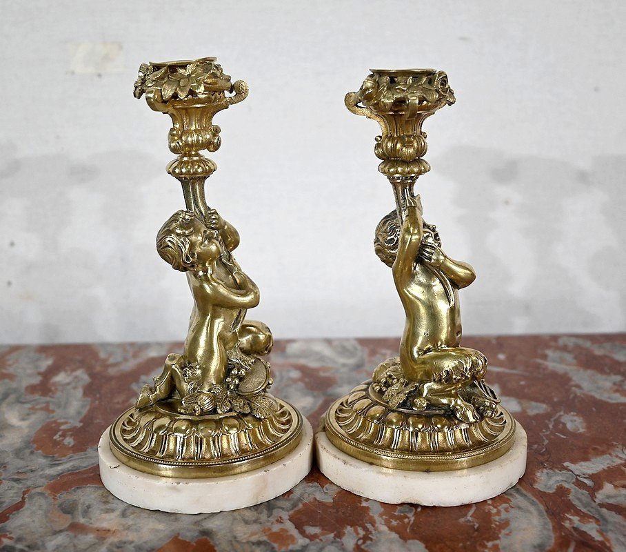 Pair Of Candlesticks In Gilt Bronze, Napoleon III Period - Mid-19th Century-photo-2