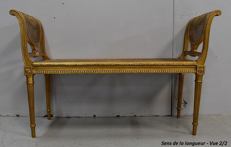 Petite Banquette En Bois Doré Et Cannage, Style Louis XVI - 1900-photo-5