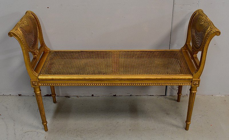 Petite Banquette En Bois Doré Et Cannage, Style Louis XVI - 1900