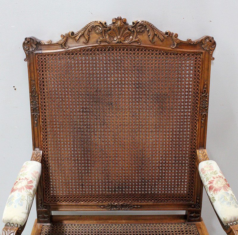 Pair Of Caned Armchairs In Solid Walnut, Regency Style - 1910/1920-photo-3