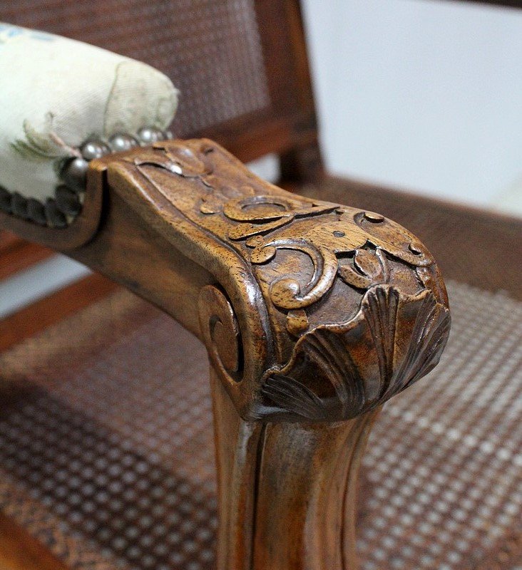 Pair Of Caned Armchairs In Solid Walnut, Regency Style - 1910/1920-photo-2