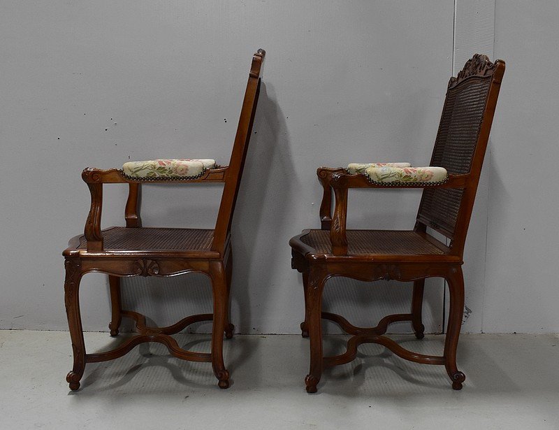 Pair Of Caned Armchairs In Solid Walnut, Regency Style - 1910/1920-photo-4