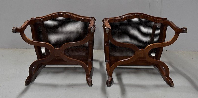 Pair Of Caned Armchairs In Solid Walnut, Regency Style - 1910/1920-photo-8
