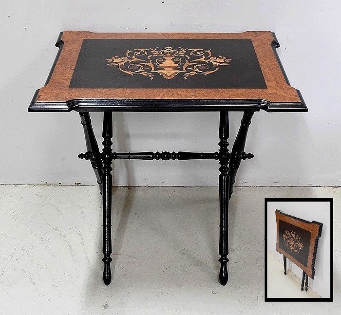 Petite Table Pliante Marquetée, époque Napoléon III - XIXe