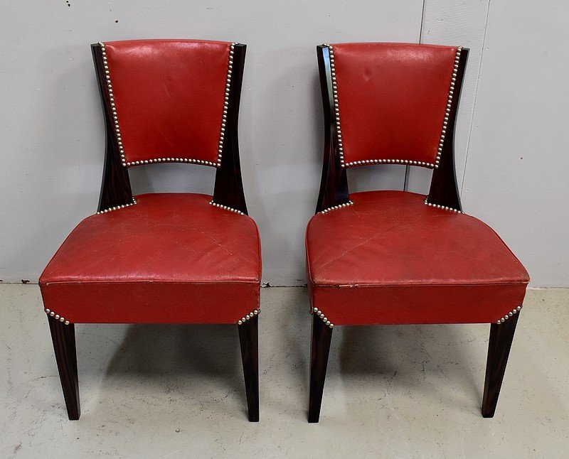 Paire De Chaises En ébène De Macassar Et Cuir Rouge - 1930