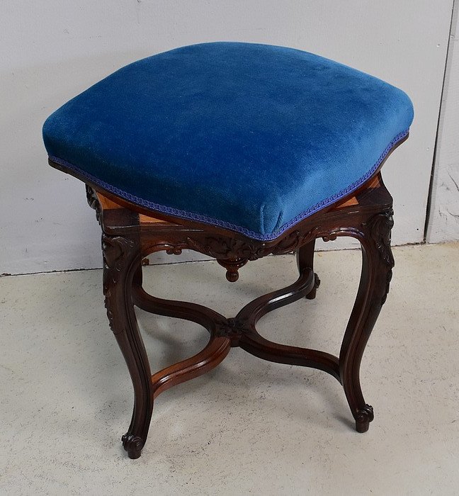 Stool In Blue Velvet And Rosewood, Adjustable Height, Louis XV Style, Napoleon I Period-photo-2