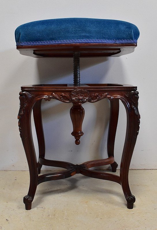 Stool In Blue Velvet And Rosewood, Adjustable Height, Louis XV Style, Napoleon I Period-photo-3