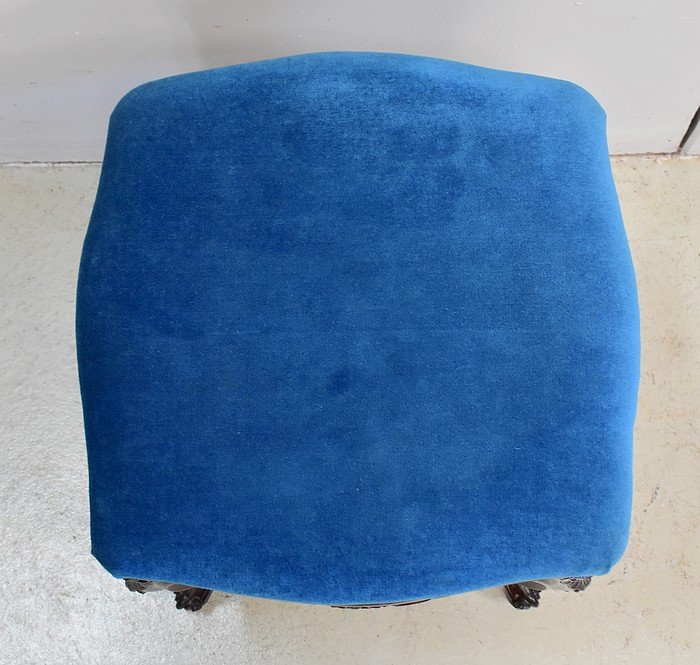 Stool In Blue Velvet And Rosewood, Adjustable Height, Louis XV Style, Napoleon I Period-photo-4