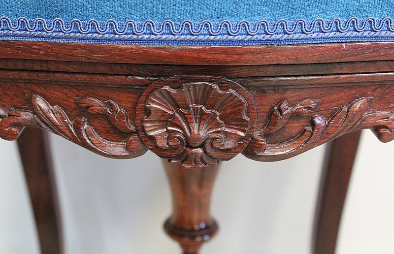 Stool In Blue Velvet And Rosewood, Adjustable Height, Louis XV Style, Napoleon I Period-photo-1