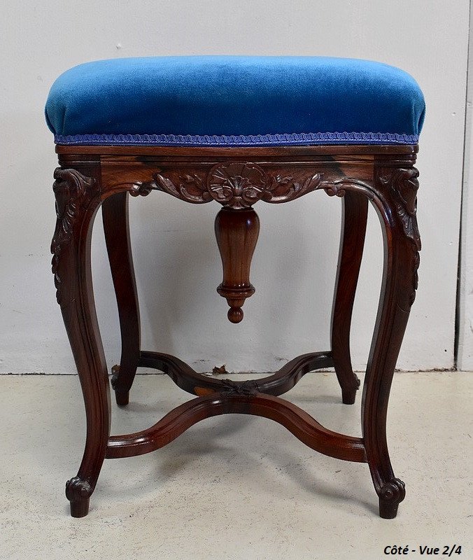 Stool In Blue Velvet And Rosewood, Adjustable Height, Louis XV Style, Napoleon I Period-photo-4