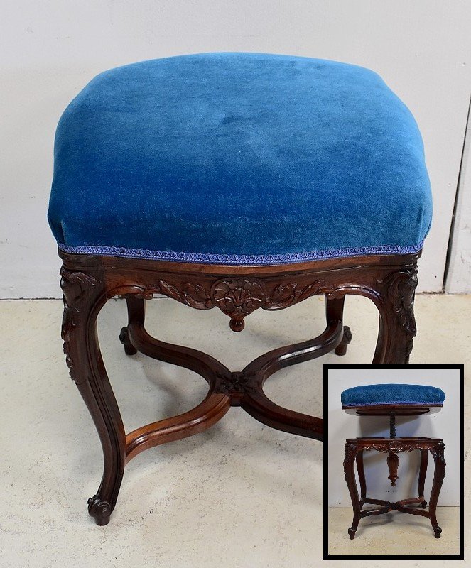 Stool In Blue Velvet And Rosewood, Adjustable Height, Louis XV Style, Napoleon I Period