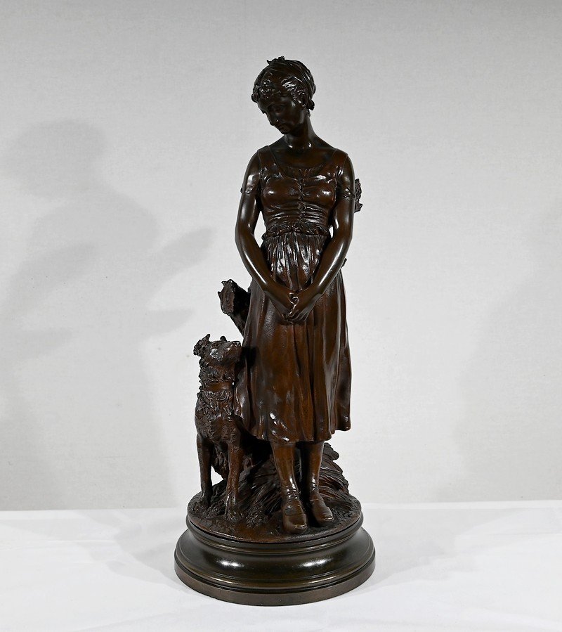 Bronze « La Jeune Femme Au Chien », Signé E-l.truffot – 2ème Moitié Du XIXe