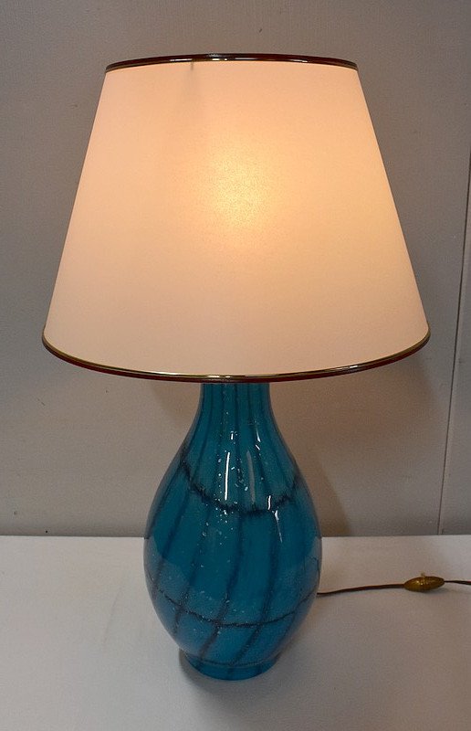Lamp With White Shade And Blue Glass Foot - 1940/1960-photo-2