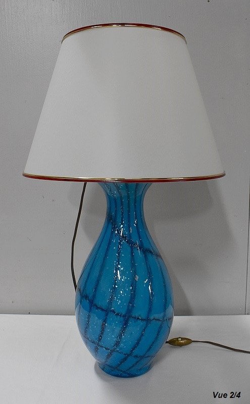 Lamp With White Shade And Blue Glass Foot - 1940/1960-photo-3