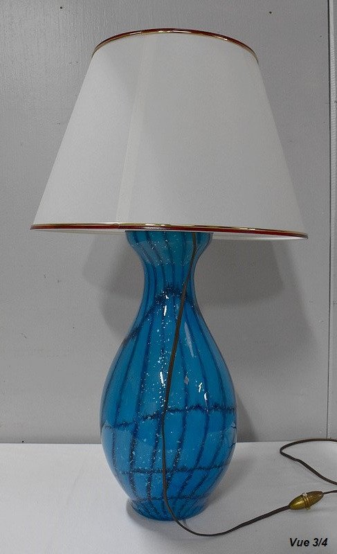 Lamp With White Shade And Blue Glass Foot - 1940/1960-photo-4