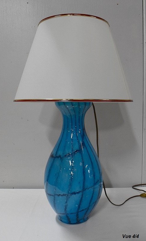 Lamp With White Shade And Blue Glass Foot - 1940/1960-photo-5