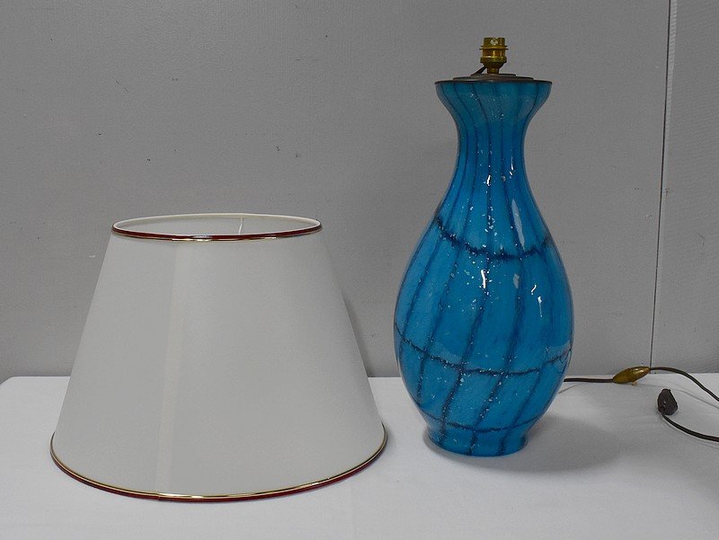 Lamp With White Shade And Blue Glass Foot - 1940/1960-photo-6
