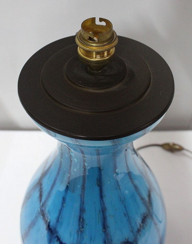 Lamp With White Shade And Blue Glass Foot - 1940/1960-photo-7