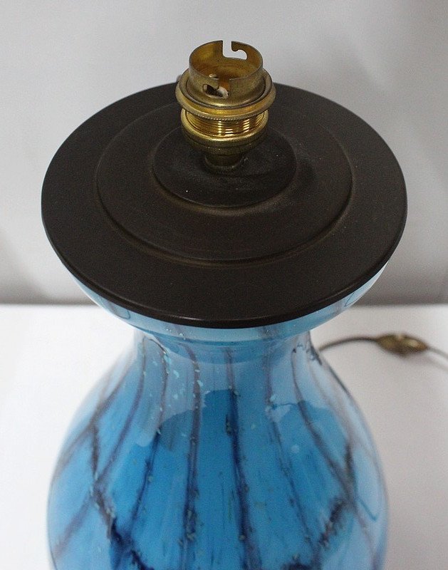 Lampe à Abat Jour Blanc Et Pied En Verre Bleu – 1940 / 1960-photo-7
