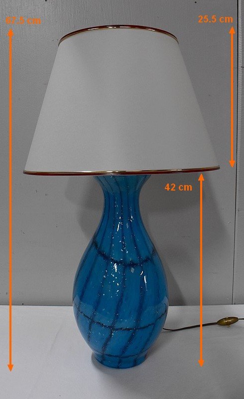 Lamp With White Shade And Blue Glass Foot - 1940/1960-photo-8