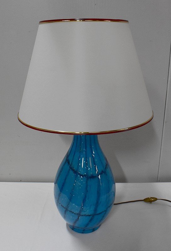 Lamp With White Shade And Blue Glass Foot - 1940/1960