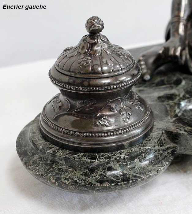Encrier Double En Bronze Argenté Sur Marbre Vert De Mer – 1900-photo-2