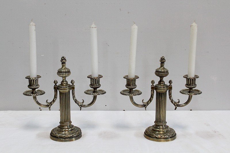 Pair Of Bronze Candlesticks, Louis XVI Style - 2nd Half Of The Nineteenth