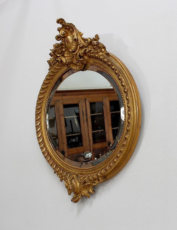 Grand Miroir Ovalisé, à Cadre Doré à La Feuille – 2ème Moitié Du XIXe-photo-2