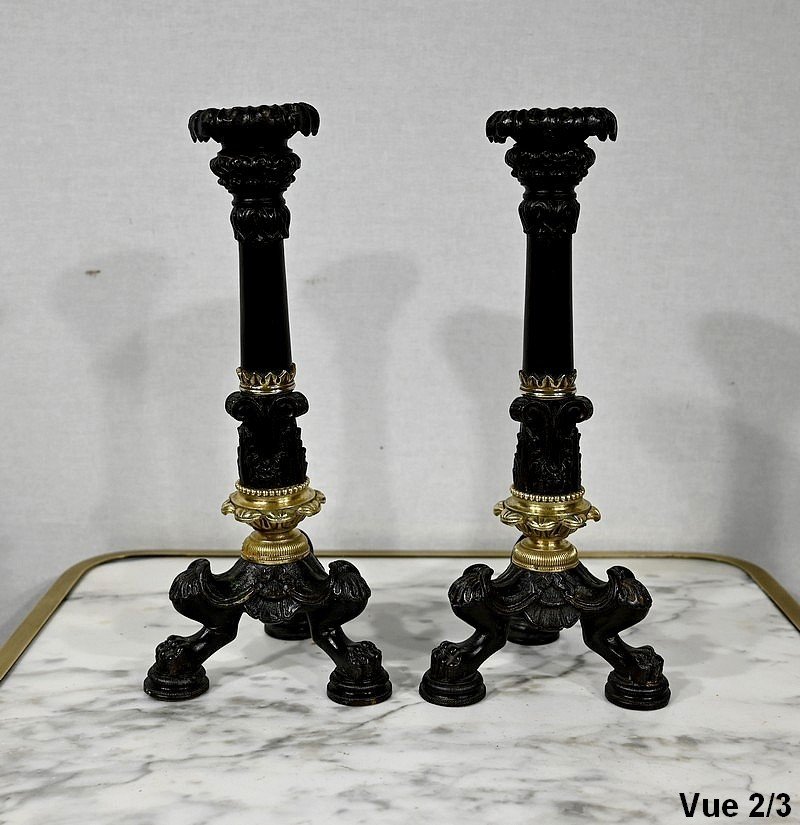 Pair Of Bronze Candlesticks, Restoration Period - Early Nineteenth-photo-3