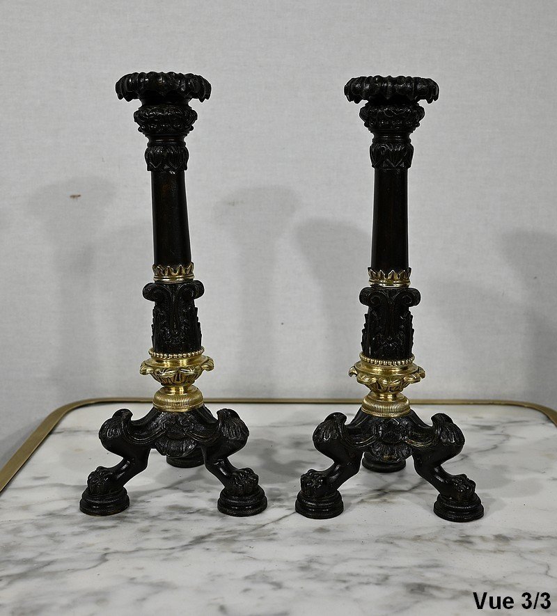 Pair Of Bronze Candlesticks, Restoration Period - Early Nineteenth-photo-4