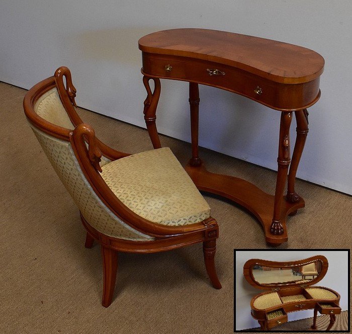 Small Kidney Dressing Table And Its Armchair In Cherry Wood - 1950