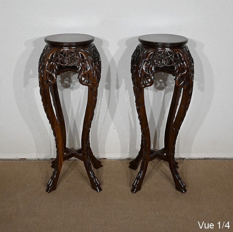 Pair Of Large Asian Rosewood Sellettes - Twentieth-photo-4