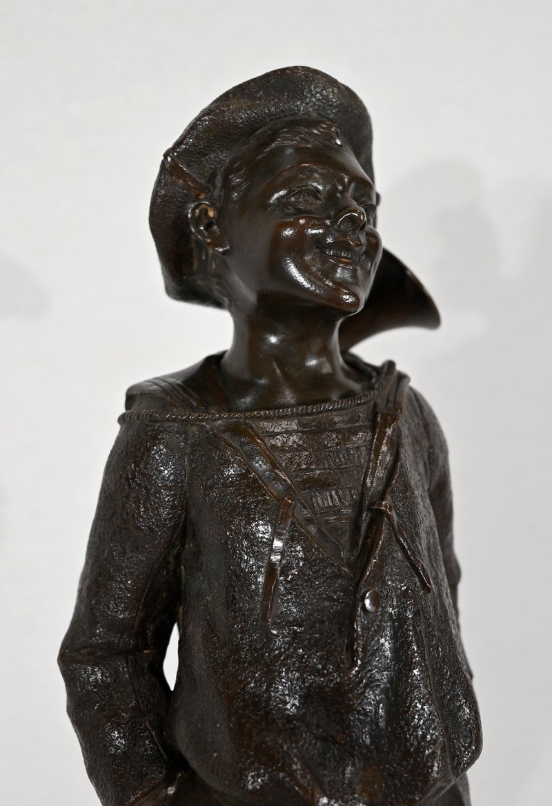 Bronze "the Child At The Bugle", By J. Rousseau - Early Twentieth-photo-2