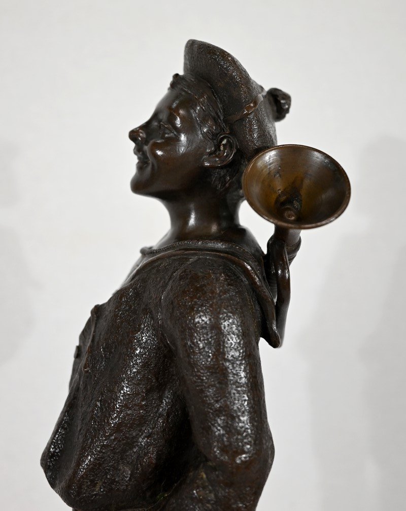 Bronze "the Child At The Bugle", By J. Rousseau - Early Twentieth-photo-6