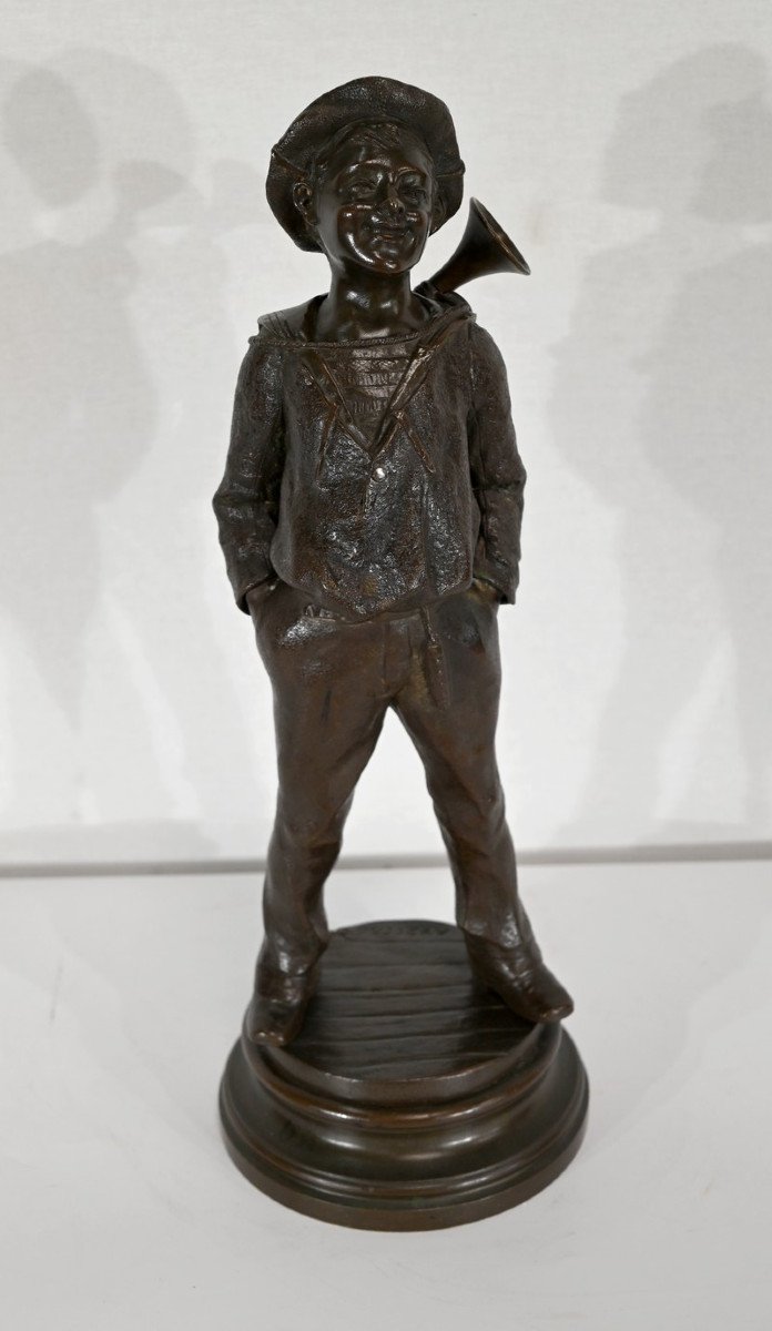 Bronze "the Child At The Bugle", By J. Rousseau - Early Twentieth