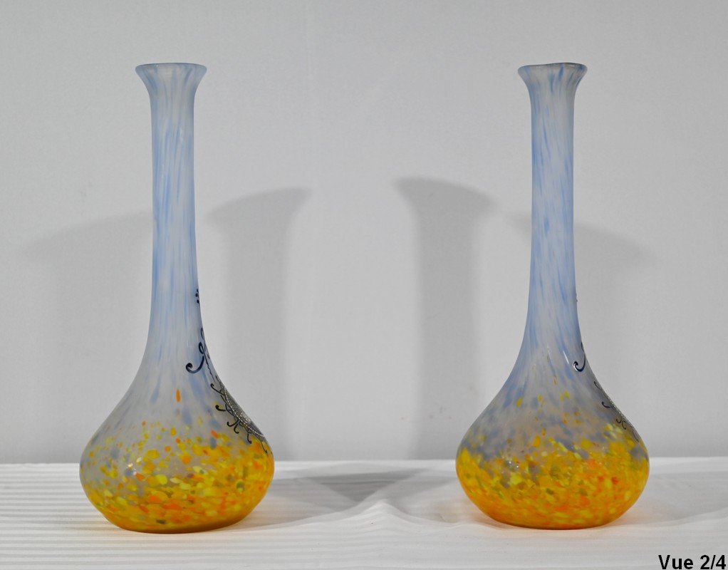 Pair Of Glass Paste Vases, Signed Legras - Late Nineteenth-photo-4