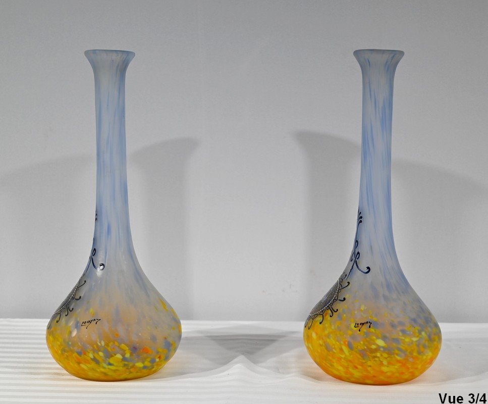 Pair Of Glass Paste Vases, Signed Legras - Late Nineteenth-photo-5