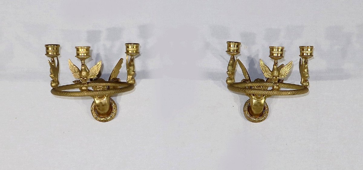 Paire D’appliques Porte-bougies En Bronze Doré, Empire – Début XIXe-photo-1