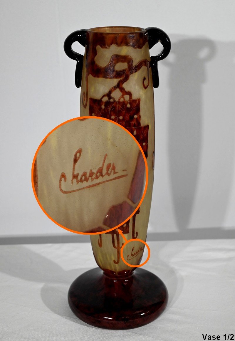 Pair Of "french Glass" Vases, Signed Charder, Art Deco - 1927-photo-3