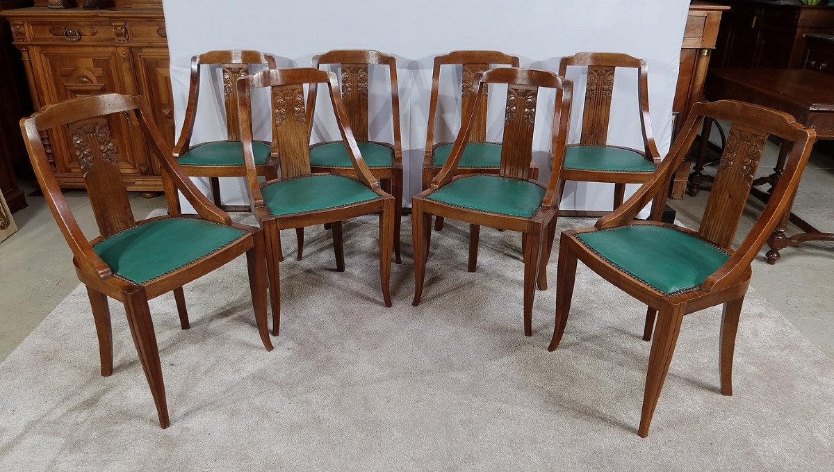 Suite Of 8 Gondola Chairs In Solid Walnut, Art Deco - 1930
