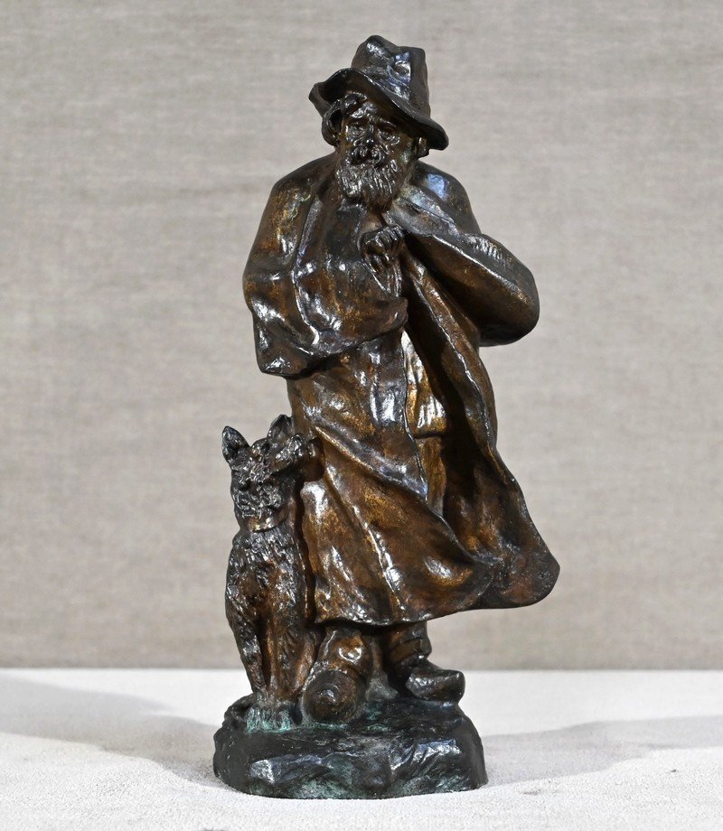 Bronze “the Shepherd And His Dog”, Signed G.omerth – Early 20th Century