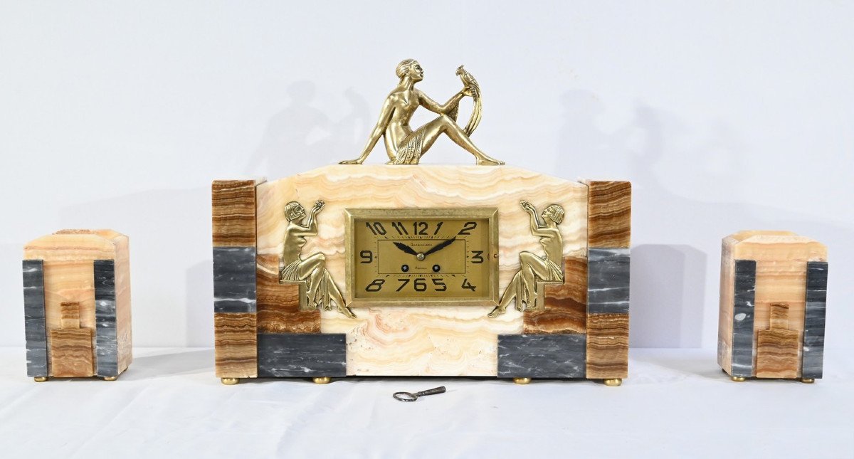 Onyx And Bronze Fireplace Set, Stamped A. Gapaillard, Art Deco – 1920