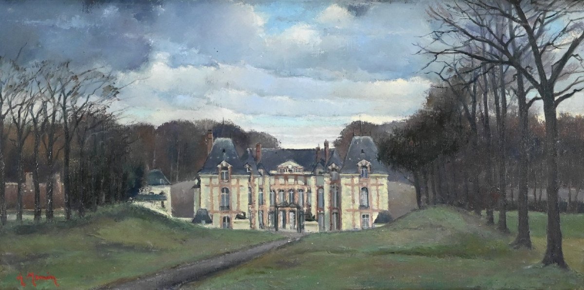 Large Painting “château De Gros Bois”, Signed A.mémin – 1954-photo-3