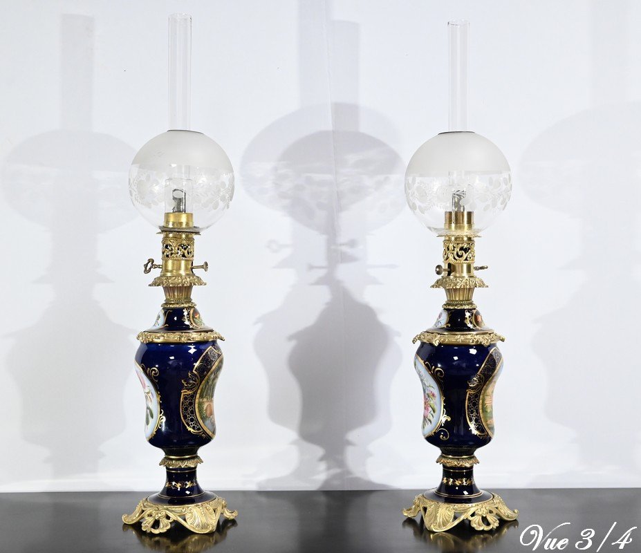 Paire De Lampes à Pétrole En Porcelaine De Sèvres Et Bronze, époque Napoléon III – Milieu XIXe-photo-7